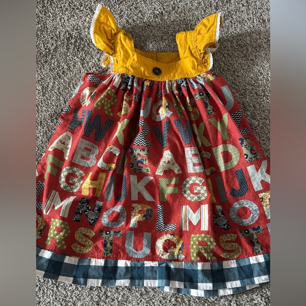 Alphabet Print Kids Dress with Yellow Accents